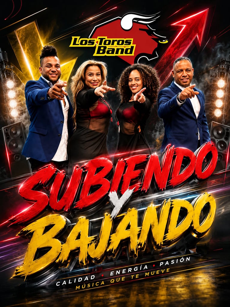 Los Toros Band album cover Subiendo Bajando featuring four band members in formal attire with neon lighting and bull logo