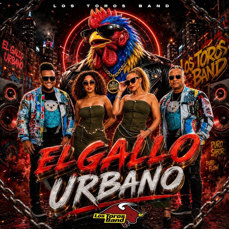 Los Toros Band album cover El Gallo Urbano featuring neon rooster logo, four band members, and urban cityscape background