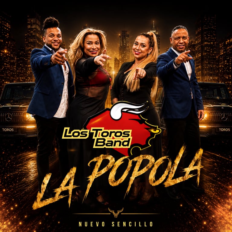 Los Toros Band album cover for La Popola featuring four musicians in suits against a glowing city skyline backdrop
