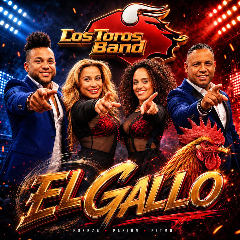 Los Toros Band album cover for El Gallo featuring four band members pointing at camera with red bull logo and golden text